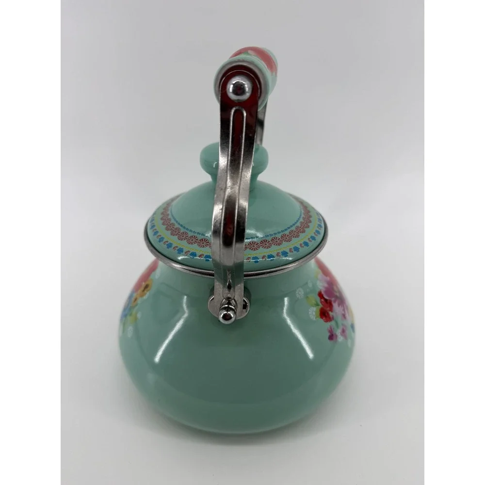 The Pioneer Woman Breezy Blossom Enamel on Steel Tea Kettle Mint Green Floral